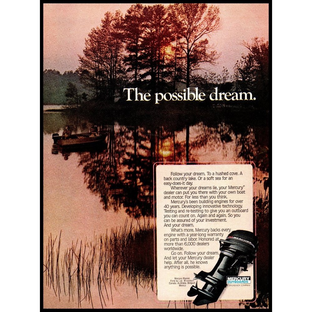 1982 Mercury Outboard Motor Vintage Print Ad Fishing Lake Sunset Wall Art Photo